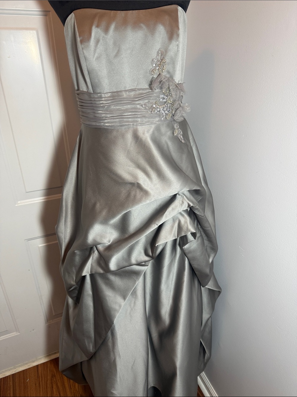 Silver Strapless Satin Evening Dress with Floral Appliqué